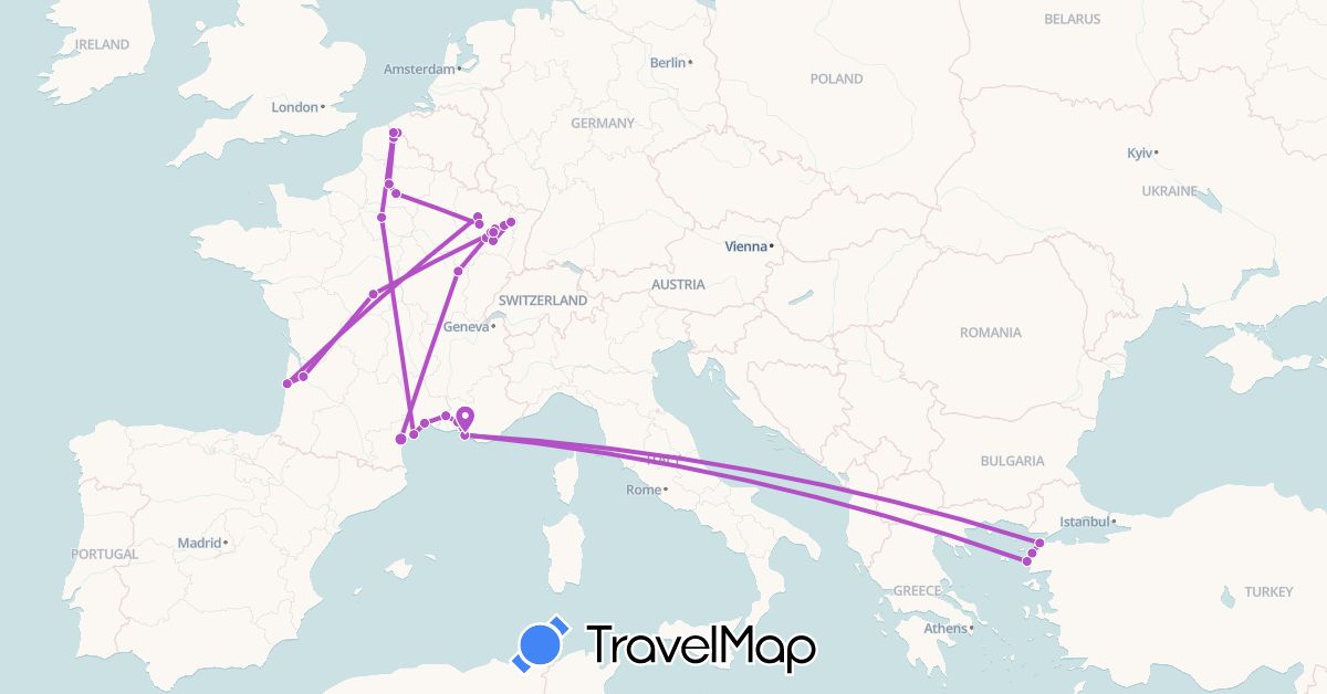 TravelMap itinerary: driving, train in Belgium, France, Turkey (Asia, Europe)